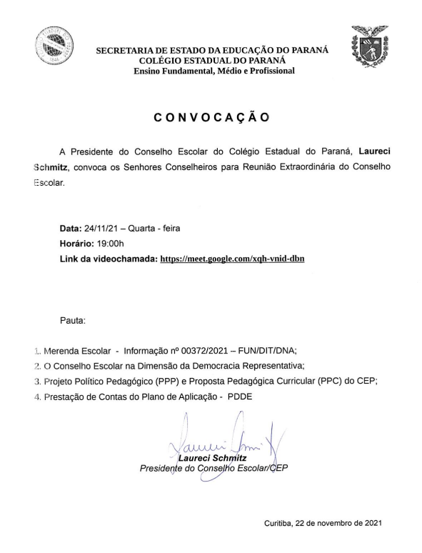 Convocação da Reunião Extraordinária do Conselho Escolar
