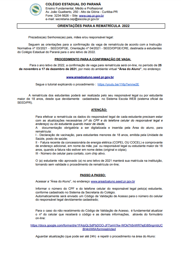Orientações Rematrícula 2022