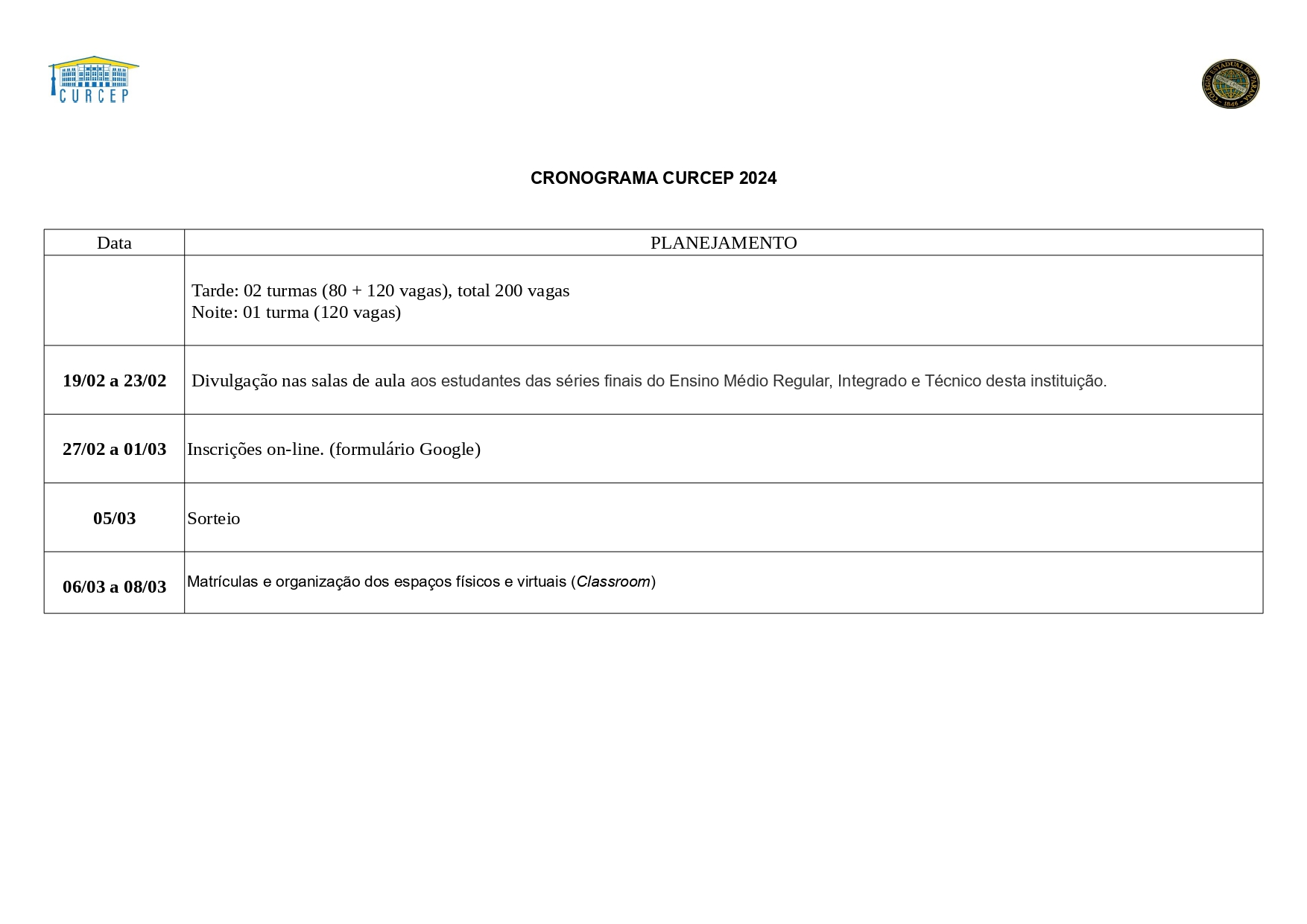 Cronograma CURCEP 2024