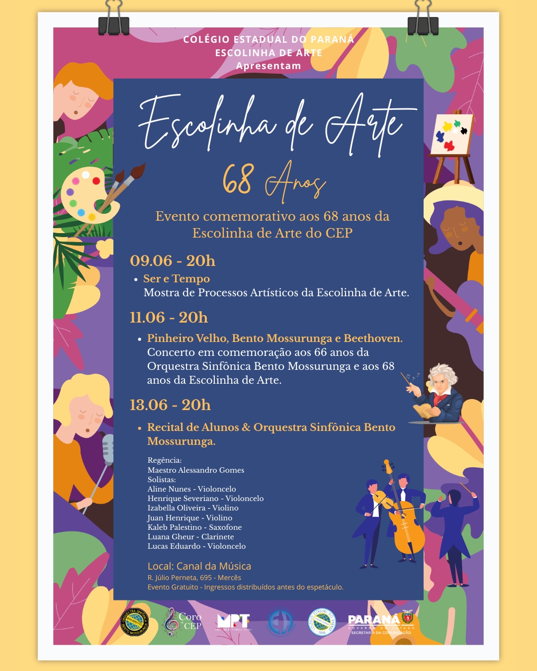 Cartaz com programação de aniversário de 68 anos da Escolinha de Arte