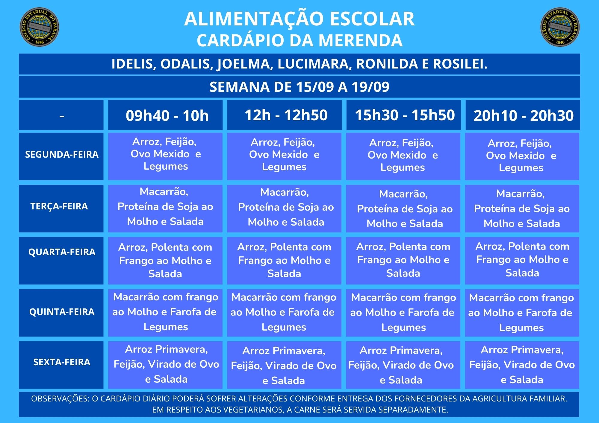 CARDÁPIO SEMANA DE 15 A 19 DE SETEMBRO