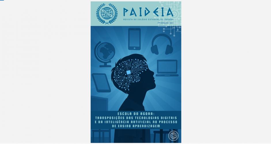capa da edição de 2025 da Paideia: coloração azul, silhueta de pessoa e elementos midiáticos