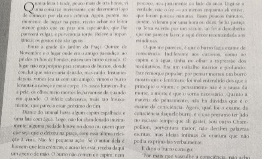 Antes de elaborar o texto no gênero notícia, os estudantes realizaram a leitura do conto “Um caso de burro”, de Machado de Assis. A tarefa foi escrever um texto para relatar a morte do burro, a partir da interpretação do texto literário.