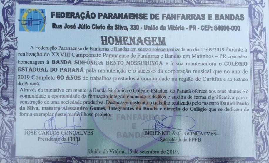A Banda Sinfônica Bento Mossurunga do Colégio Estadual do Paraná (CEP) ficou em 1° lugar no XXVIII Campeonato Paranaense de Bandas e Fanfarras, promovido pela Federação Paranaense de Fanfarras e Bandas (FPFB). O evento aconteceu no sábado (14) e domingo (15) em Matinhos, município localizado no Litoral do Paraná.