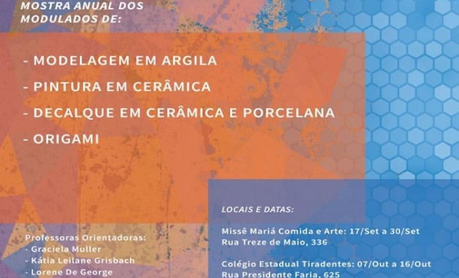 cartaz De 17 a 30 de setembro, a exposição atenderá ao público na Missê Mariá Comida e Arte, que fica na Rua Treze de Maio, 336, no Centro. De 7 a 17 de outubro será a vez de receber os visitantes no Colégio Estadual Tiradentes (CEP-Tiradentes), área central da cidade. A última semana da mostra será de 22 a 29 de outubro, no Colégio Estadual Amâncio Moro (CEP-Amâncio), no Centro Cívico.