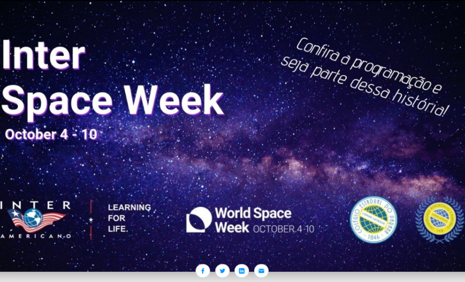 Inter 1 A Space Week é definida como uma celebração internacional da ciência e tecnologia, com contribuição para melhoria das condições humanas. Além das sessões no Planetário, o evento também oferece diversas atividades na programação, como: filmes, workshop, oficinas de foguetes e observações astronômicas.