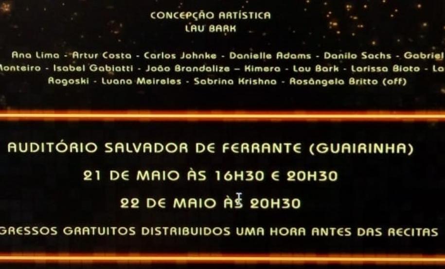 As sessões acontecem no Auditório Salvador de Ferrante (Guairinha). Os ingressos são gratuitos e podem ser retirado na bilheteria, uma hora antes de cada espetáculo. Na terça-feira (21) serão duas sessões: às 16h30 e às 20h. Na quarta feira (22) somente às 20h30.